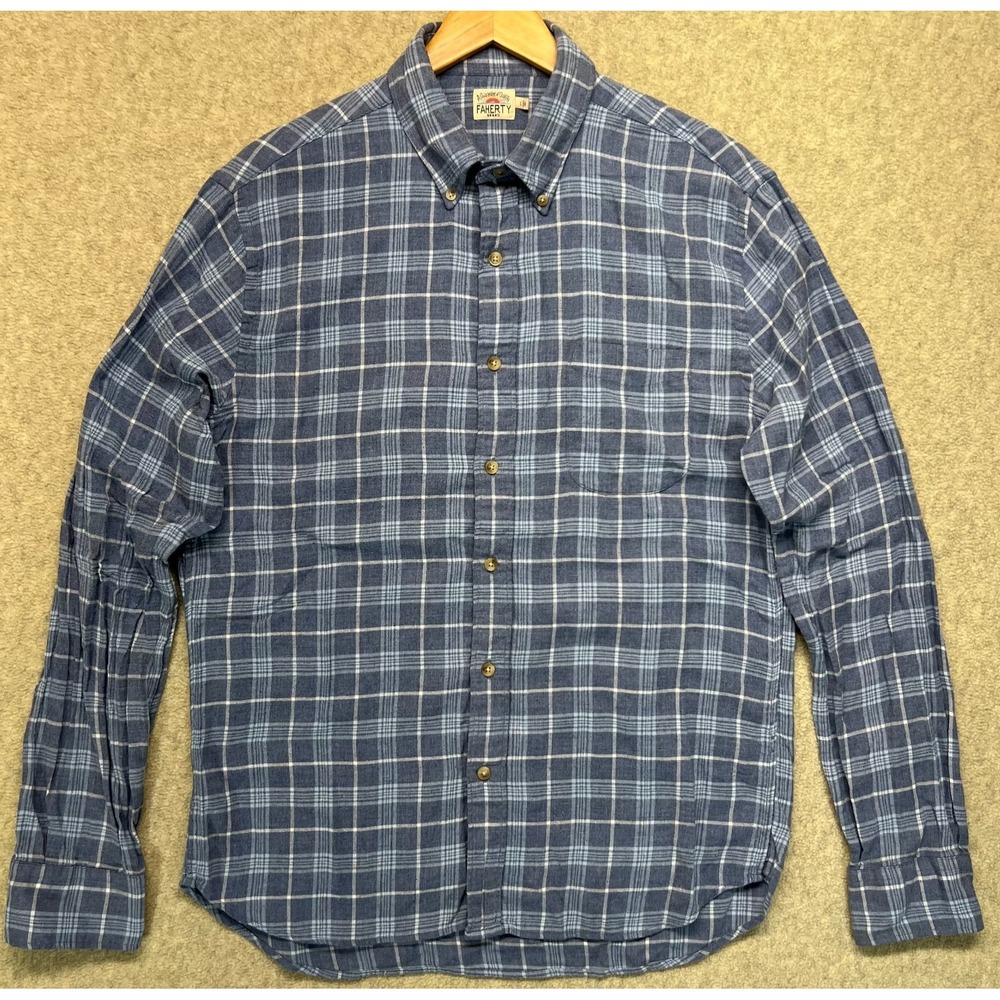 Faherty Mens Button Down Shirt Gray & Blue Long Sleeve Flannel Plaid Print L